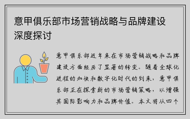意甲俱乐部市场营销战略与品牌建设深度探讨